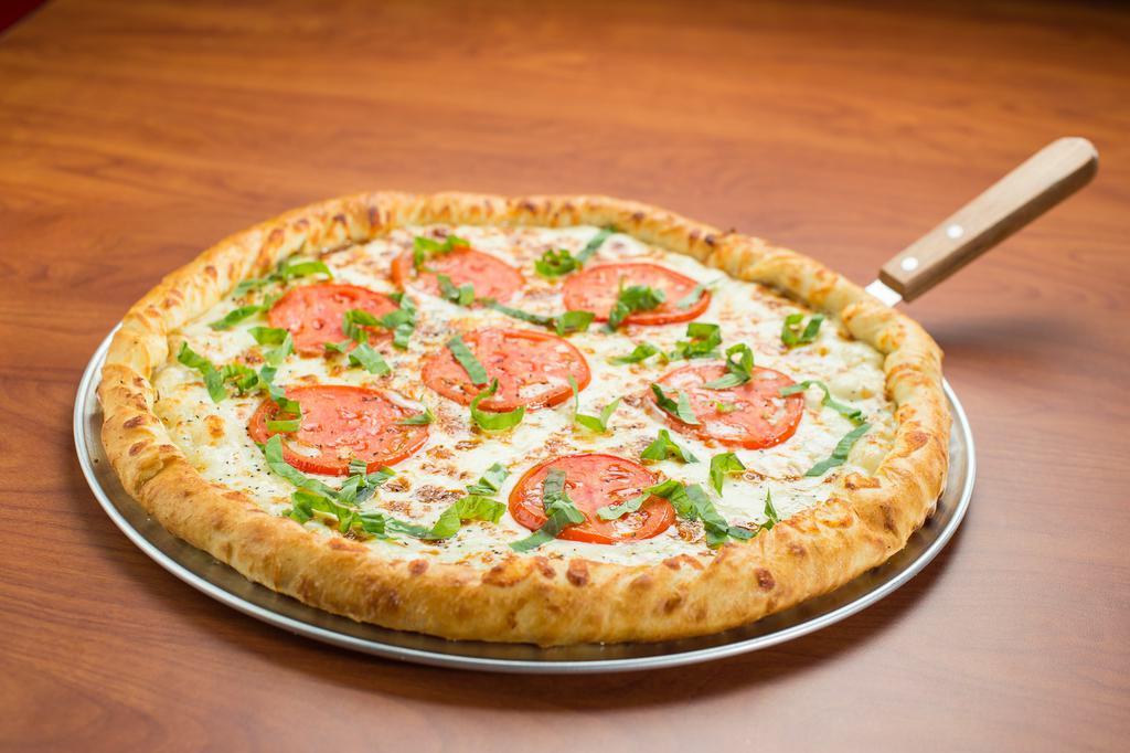 Margherita Pizza · Mozzarella, tomatoes, garlic and sprinkled with fresh basil.