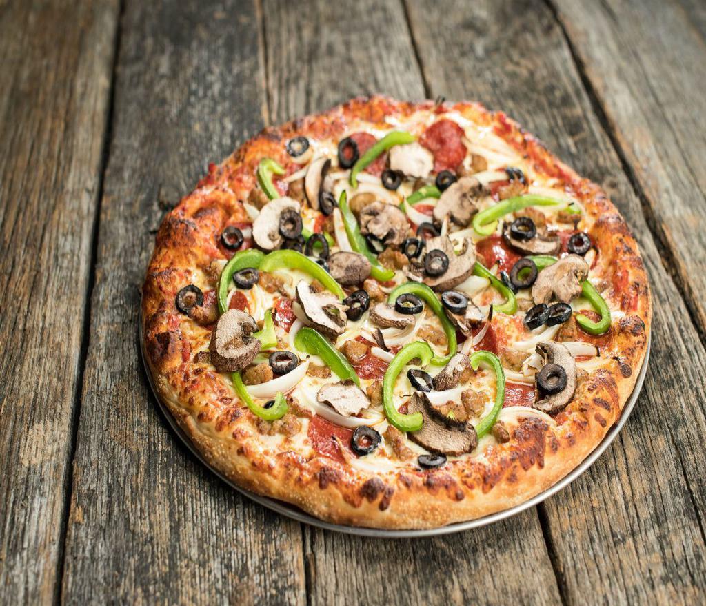 House Special Pizza · Pepperoni, sausage, mushrooms, green peppers, onions & black olives. Hand-tossed dough, homemade pizza sauce recipe, 100% whole milk mozzarella.