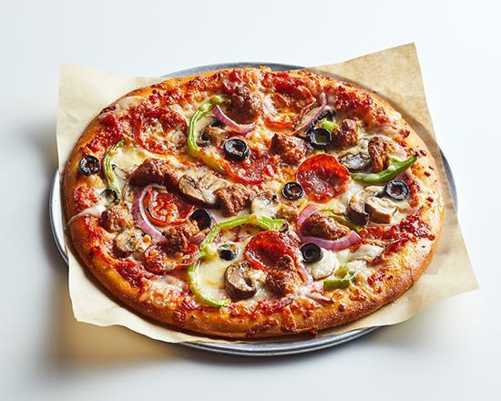 Lineage Pizza · House-made marinara, melted mozzarella cheese, topped with mushrooms, red onions, green pepper, black olives, spicy Italian sausage and pepperoni.