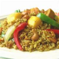 Mango Fried Rice Dinner  · Fried rice with chicken, shrimp, egg, mango chunks, onions, bell peppers, curry powder, scal...
