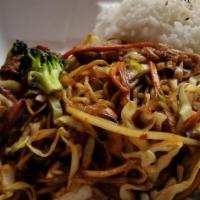 Yakisoba  · Soba noodles in a sweet soy sauce with onion, cabbage, carrot, broccoli, green onion, bonito...