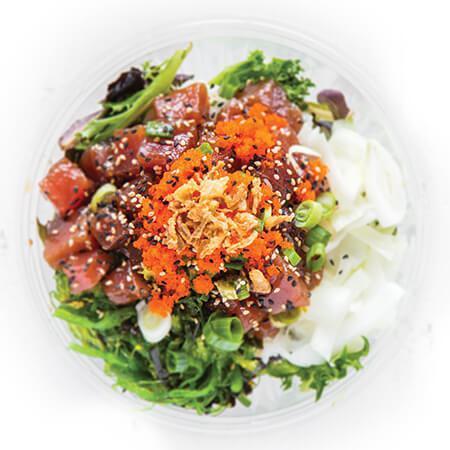 2. Da Kine Poke Bowl · Marinated tuna, sweet onion, masago (contains gluten), green onion, seaweed salad, OG Sauce, ponzu.