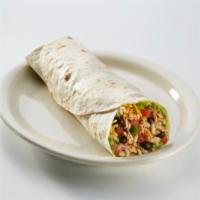 Fajita Beef Burrito · Fajita beef, guacamole, shredded cheese, tomatoes, onions, garlic sauce and your choice of r...