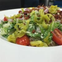 BLT Salad · Romaine, red onions, banana pepper, crispy bacon, grape tomatoes, Parmesan, and peppercorn r...