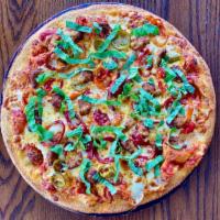 Maplewood Specialty Pi · Mozzarella, spicy sausage, cherry pepper, fontina, and basil.