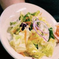 (SM) House Salad · Mixed romaine ＆ iceberg lettuce, red cabbage, carrots ＆ red onions, tomatoes, cucumbers, and...