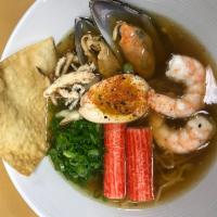 Seafood Ramen · Seafood fulfilling broth in flavor, served with thin noodles, shrimp, kani, green mussels, g...