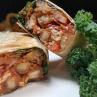 Blue Cheese Buffalo Soy chicken Wrap · Crispy soy chicken, mild buffalo sauce, cool blue cheese dressing, lettuce, tomato and soy b...