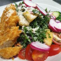 Sweet Kale Caesar Salad · Crispy soy chicken, multigrain croutons and Parmesan cheese