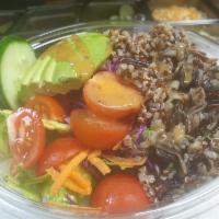 Whole Grain Avocado Salad (wild rice, quinoa) · Quinoa, wild rice, avocado, tomatoes and cucumbers over greens