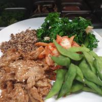 Buddha Bowl  VG · Soy ginger chicken, kimchi, quinoa, edamame  and sauteed garlic kale