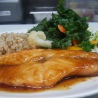 Broiled Salmon garlic Teriyaki · Steam veggie and brown rice.