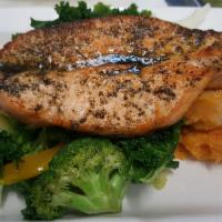 Salmon in Fresh Herb · Fresh sage, oregano and basil in olive oil, steamed veggie and mashed sweet potato.