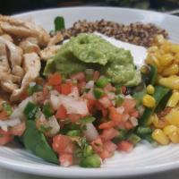 Chicken Quinoa Taco Bowl · quinoa, grilled free range chicken, black bean, guacamole and pico de gallo, sweet corn over...