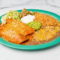 Combo 15 · Chile relleno and enchilada rice and beans. Served with lettuce, pico, guacamole sauce, and ...