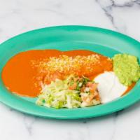 Chile Relleno · Served with pico, sour cream, guacamole, lettuce and topped with enchilada sauce and cheese.
