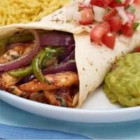 Burritos Fajita · 2 burritos filled with choice of steak or grilled chicken peppers and onions.topped with che...