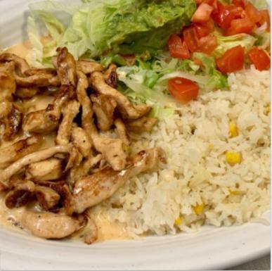 Pollo a la Crema · Grilled chicken with a special cheese sauce. Served with white rice, lettuce, guacamole and tomatoes.
