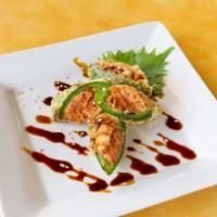 Heart Attack · Raw. 4 pieces of fried 1/2 jalapeno, spicy tuna, sweet sauce, and sesame seed. Spicy.