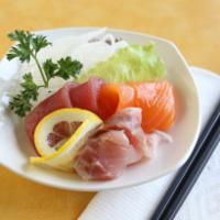 Sashimi Appetizers · Raw. 2 pieces of tuna, 2 pieces of salmon, and 2 pieces of white fish.