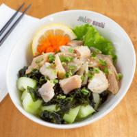 Albacore Tuna Salad · Albacore tuna, cucumber, seaweed, masago, garlic dressing, green onion and sesame seed.
