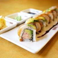 Shogun Roll · Real crab, yellowtail, avocado, cucumber and sweet sauce.