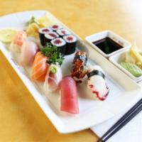 Sushi Combo · 7 pieces sushi: tuna, salmon, yellowtail, white fish, shrimp (ebi), unagi, octopus and tuna ...