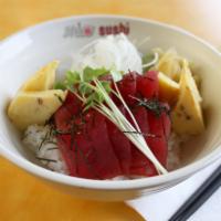 Tuna Donburi · Raw. 8 pieces tuna sashimi and tamago. Served on a bed of sushi rice.