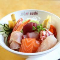 Japanese Chirashi · Albacore tuna, real crab, tuna, salmon, octopus, shrimp (ebi), white fish, yellowtail, masag...