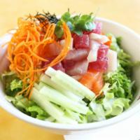 Mio Spicy Chirashi · Assorted sashimi, tobiko, crab, green leaf lettuce, cucumber, radish sprout, dried seaweed, ...