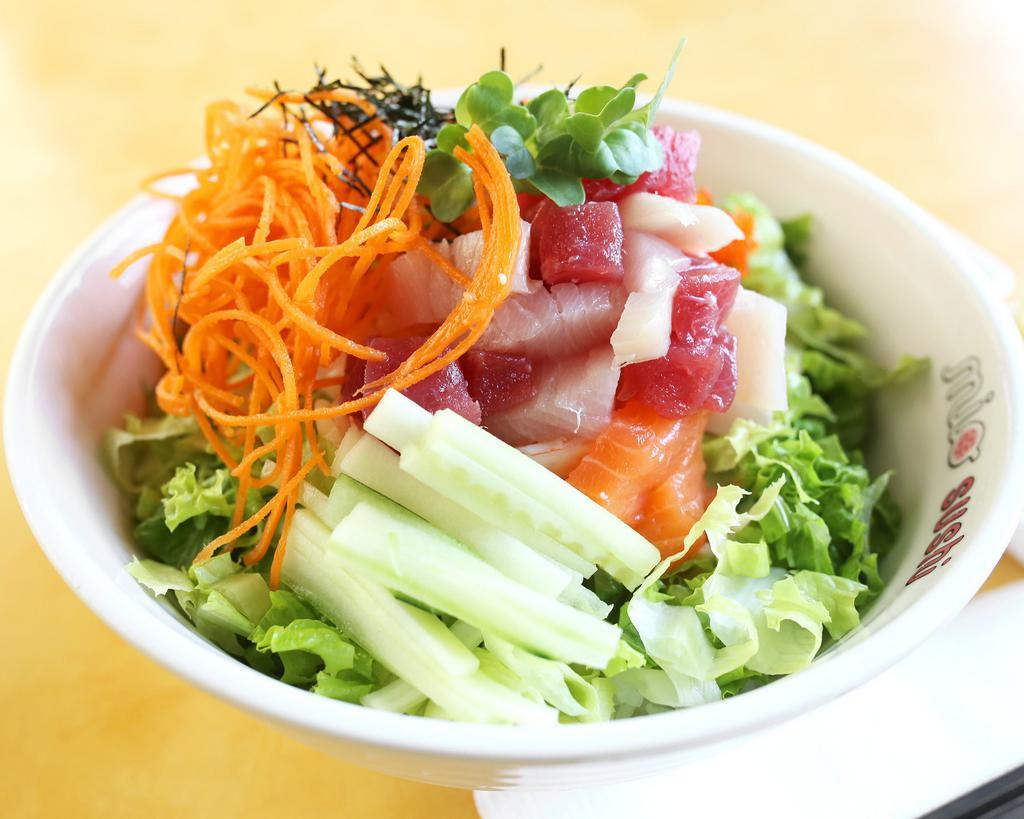 Mio Spicy Chirashi · Raw. Assorted sashimi, tobiko, Krab, green leaf lettuce, cucumber, radish sprout, dried seaweed, sesame seed, sesame oil, and kochujang sauce. Served on a bed of steamed rice.