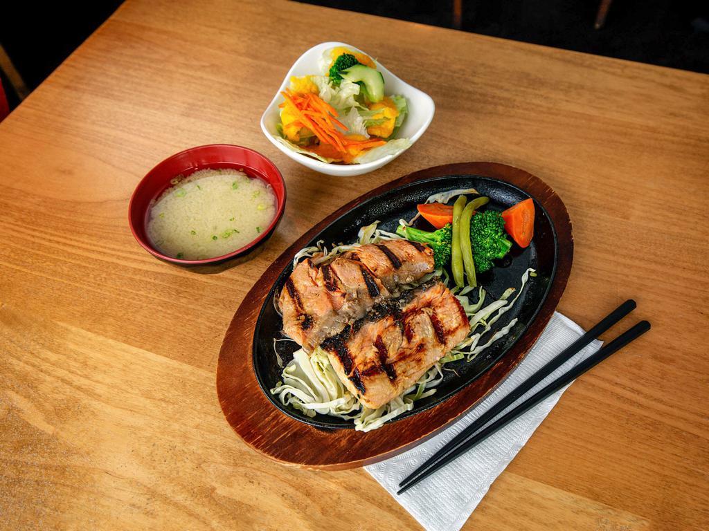 Miso Salmon · Miso marinated salmon and steamed vegetables. Served with small Mio salad.