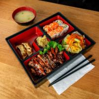 2 Items Bento · Served with Mio Salad, miso soup, steamed rice, and veggies gyoza OR fried tofu