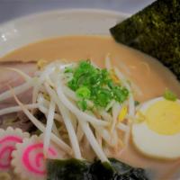 Kyu Ramen · Fresh noodles, tonkatsu broth, pork chashu, naruto, 1/2-cut egg, bean sprout, green onion, c...