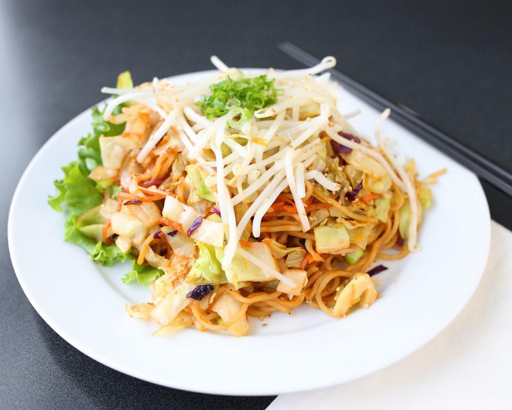 Yakisoba · Stir fried noodles, vegetables (onion, carrot, cabbage, broccoli, red and green pepper), beansprout, Mio seasoning, yakisoba sauce, and sesame seed. You can add chicken, beef or shrimp for an additional charge.