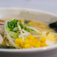 Sappo Ramen · Fresh noodles, miso sauce base broth, pork chashu, naruto, 1/2-cut egg, bean sprout, green o...