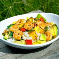 Hawaiian Shrimp Bowl · Fresh shrimp, squash, zucchini, peppers and pineapple, sauteed in a ginger soy glaze. Served...