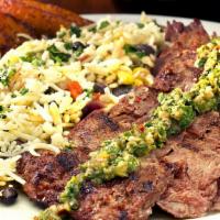 Skirt Steak · Wood-grilled skirt steak topped with our signature salsa verde served with black bean orzo, ...