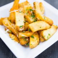Truffle Fries · French fries tossed in truffle oil and truffle salt topped with parmesan cheese and parsley ...