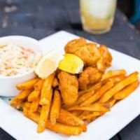 Fish & Chips · Beer battered white fish, coleslaw and fries served with house made tarter sauce