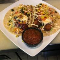 Cauliflower Tacos · 2 Crispy cauliflower tacos served with cabbage, carrots, corn and Siracha ranch. Side of tor...