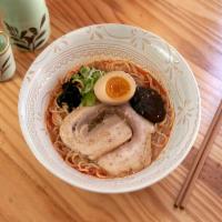 Spicy Miso · Topped with chashu, soft boiled egg, shiitake mushroom, bean sprout, seaweed, green onion an...