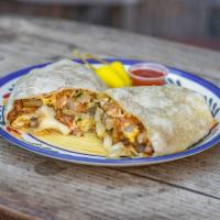 California Burrito · Potatoes, roasted pasilla chili and onions, fresh tomatoes and avocado, scrambled with 2 egg...