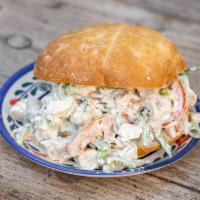 Viv's Chicken Salad Sandwich · Pasilla chile, green onions, tomatoes, mayo and mustard. On a toasted bun.    A full breast ...