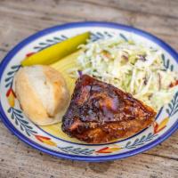 Half Smoked Chicken Breast Platter · Half portion - 1/2 smoked chicken breast with one side and a pickle and bread