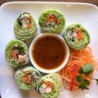 Summer Roll · Rice paper rolls with chicken, rice noodles and vegetables.