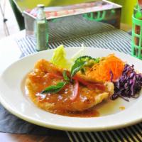 Basil Tilapia · Battered fried tilapia fillet topped with sweet and spicy basil sauce. Medium spicy.