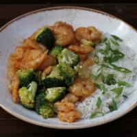 Sweet + Spicy Shrimp Bowl · Shrimp, broccoli, ginger, onions, garlic - served with choice of white or brown steamed rice.
