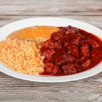 Chile Colorado · Beef chunks simmered in a red sauce.