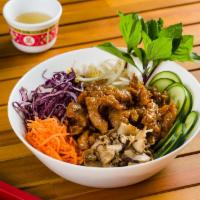 Vegan Ginger Chick'n Vermicelli Bowl · Vermicelli noodles, sauteed Chick'n, pickled carrots, cucumbers, Thai basil, bean sprouts, r...